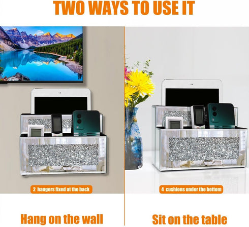 Mirrored Remote Holder, Wall or Tabletop Mounted Organizer with Crush Diamond Bling Decoration, 4 Slots in 3 Sizes,