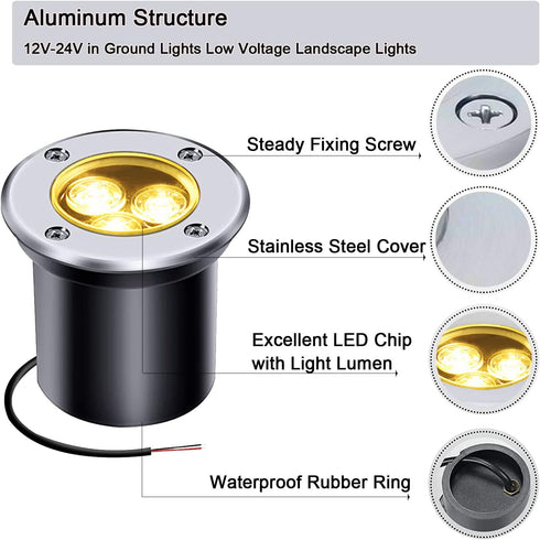 Low Voltage LED In-ground Lights, 3W 12V 24V Waterproof IP67 Pathway Lights for Outdoor Spotlights in Garden Yard (Warm