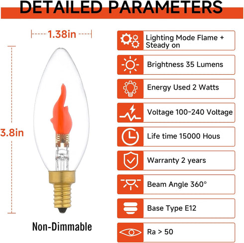 B/B11 E12 Bulb, 1800K 2 Non-Dimmable, 2-Pack Type LED Flame Effect Red Light Modes, Crystal Clear Glass, Ideal