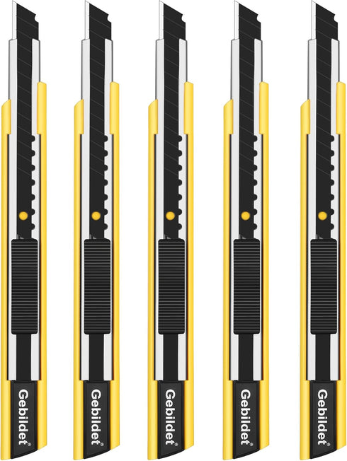 5pcs Right and Left Hand Self-Lock Cutter Knife - Black 9mm Snap Off Blades Utility Knife with Yellow Holder