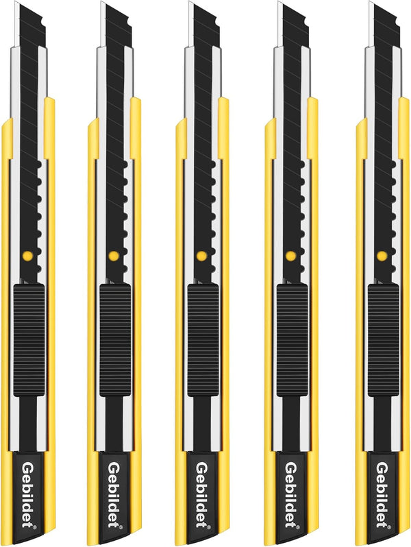 5pcs Right and Left Hand Self-Lock Cutter Knife - Black 9mm Snap Off Blades Utility Knife with Yellow Holder
