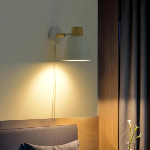 Hefoklu E26 White Plug in Wall Sconces with Switch for Bedroom, Modern Rotation Wall Lamps Up Down Mounted Fixture Wood