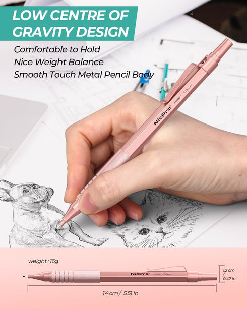 Nicpro 0.5mm Mechanical Pencils Set, 3PCS Metal Pencils with Case, 480PCS Lead Refills, 3 Erasers for Art