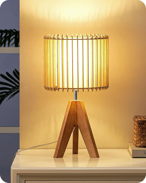 EDISHINE 14.17" Small Table Lamp, Wood Tripod Bedside Lamp, Natural Wood-Colored Hollow