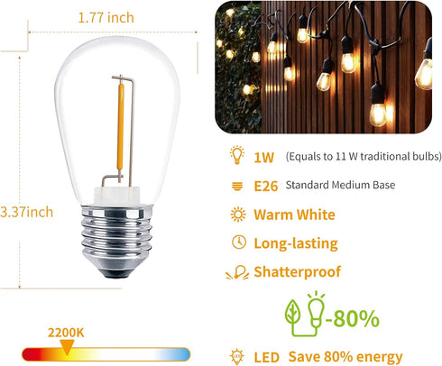 24 Pack LED S14 Replacement Light Bulbs, Shatterproof Waterproof 1W Outdoor String Light Bulbs, E26 Medium Base, 2200K Warm White, 11w Equivalent, Non-Dimmable by VISTERLITE