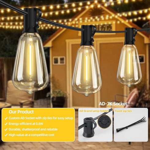 Hobbynors ST38 50FT 25+2 Bulbs, E12 2700K LED Outdoor String Lights with Spare Socket, Warm White-for Backyard