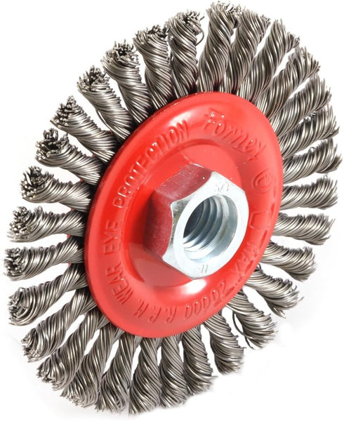 Forney 72760 Wire Wheel Brush, Stringer Bead Twist with 5/8-Inch-11 Threaded Arbor, 4-Inch-by-.020-Inch