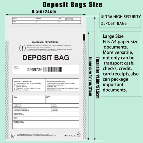 Plastic Deposit Bags 30-Pack, 9.5''x 15'' Opaque Security Bags for Cash Register, Tamper-Evident with Barcode