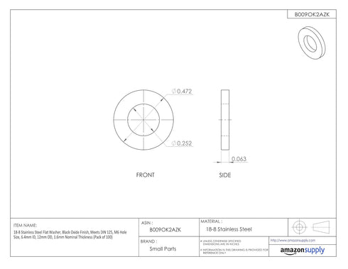 Small Parts M4D125A188B 18-8 Stainless Steel Flat Washer, Black Oxide Finish, Pack of 100, 4.3mm ID, 9mm OD, 0.8mm