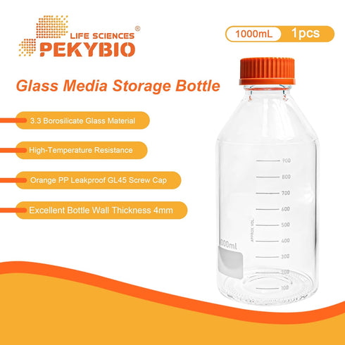 Glass Media Bottle 1000ml, Round Storage Bottles, 3.3 Borosilicate Glass with PP GL45 Screw Cap, 1 Piece
