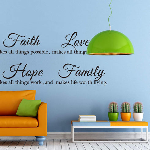Zonon 3 Sheets Vinyl Wall Quote Stickers, Inspirational Love Faith Hope Family Motivational Wall Decals for Home School