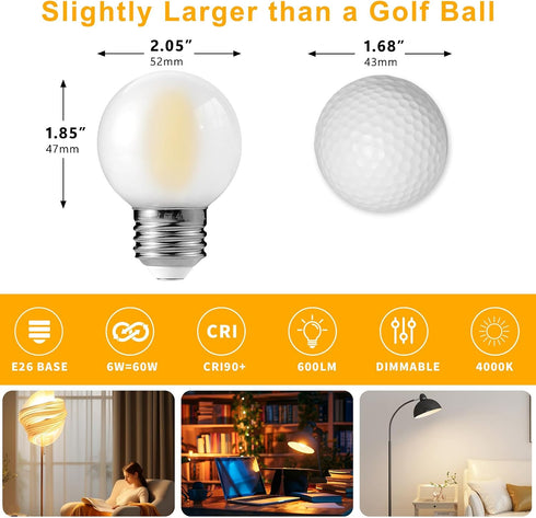 Decoaui E26 G16 Bulbs, Bulb, 6W (60W 600 4000K Dimmable, 6 Pack LED Globe Light Small Golf Ball Size Round Equivalent)
