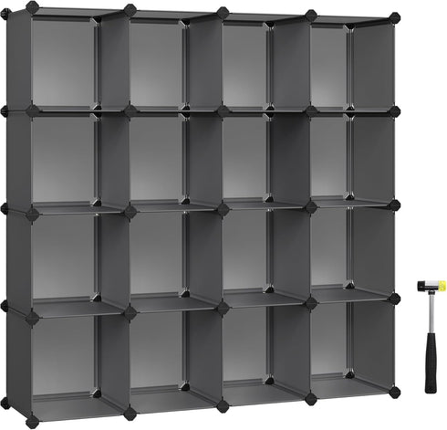 SONGMICS Cube Storage Organizer, Set of 16 Plastic Cubes, Gray, 12.2 x 48.4 x 48.4 Inches, Book Shelf, Closet Organizers
