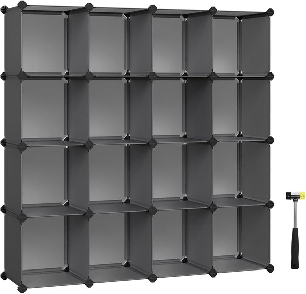 SONGMICS Cube Storage Organizer, Set of 16 Plastic Cubes, Gray, 12.2 x 48.4 x 48.4 Inches, Book Shelf, Closet Organizers