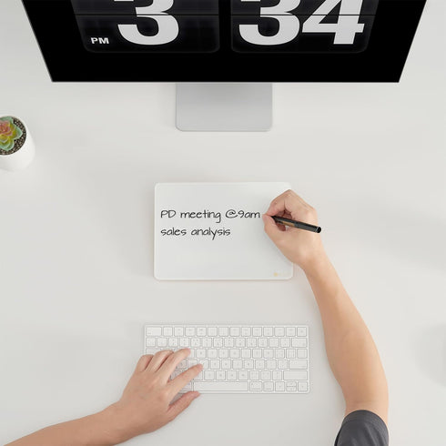 Glass Desk Whiteboard with Reversible Wood Stand, Small Portable Desktop Dry Erase White Board, Reusable Desk Notepad