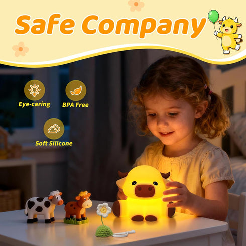Dimmable Attivolife Highland Cow Night Light for Kids, Flower Cow Cute Animal Gift Soft Silicone LED Lamp