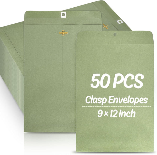 Whaline 9 x 12 Inch Clasp Envelopes, Manilla Gummed Mailing Envelopes with Clasp Closure for Office Supplies (50Pcs)