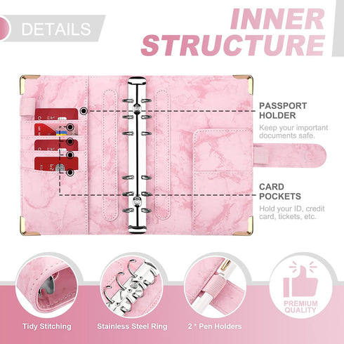 Onlyesh Budget Binder, 28Pcs Cash Envelopes for Budgeting, Marble 6-Ring Money Saving Binder (Pink)