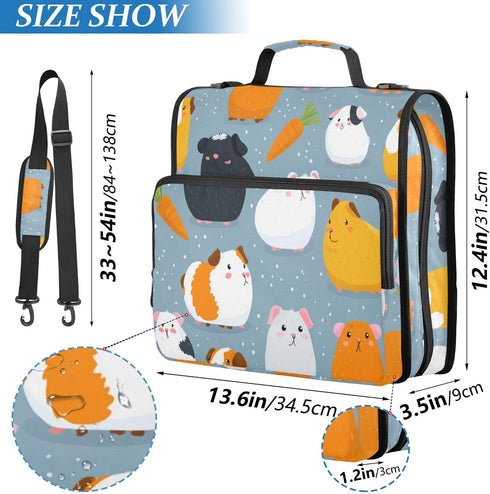 Fisyme 3 Cute Guinea Pigs Carrots Zipper Binder Ring with Zipper and Shoulder Strap Large Capacity Multi-Pocket Binder