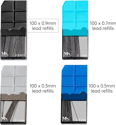 Mozart Essential Set of Lead Refills - 4 Sizes: 0.3, 0.5, 0.7 & 0.9 mm with 100 HB Lead Refills for Each - for Sketch, Architecture, Drafting, Art, Drawing Supplies, Metal Mechanical Pencils by MozArt Supplies