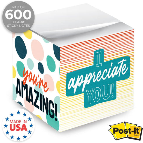 Modern Appreciation Sticky Note Cube / 600 Sheets / 2.75" Motivational Memo Block Printed On 4 Sides/Colorful Empowering Messages/Made in USA
