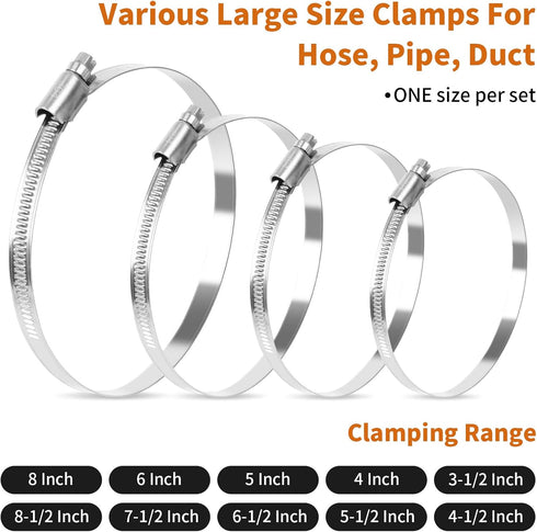 4 1/2 Inch Heavy Duty Stainless Steel Hose Clamps, Adjustable Metal Clamps, 6 Pack for Plumbing Automotive