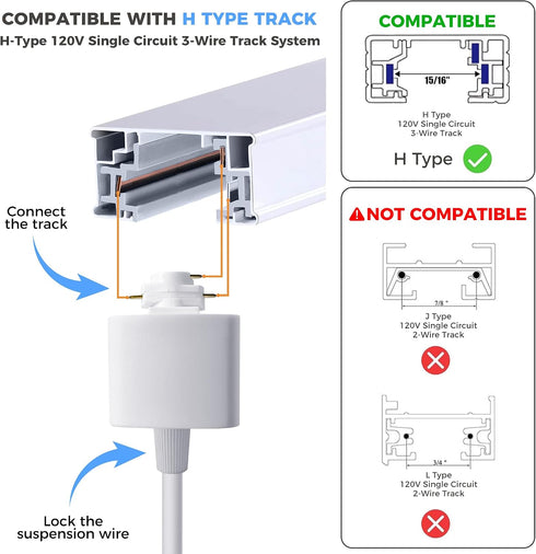 4-Pack 3-Wire White H-Type Track Light Adapter Connector Universal LED Track Lighting Adapter for H-Track System, Easy