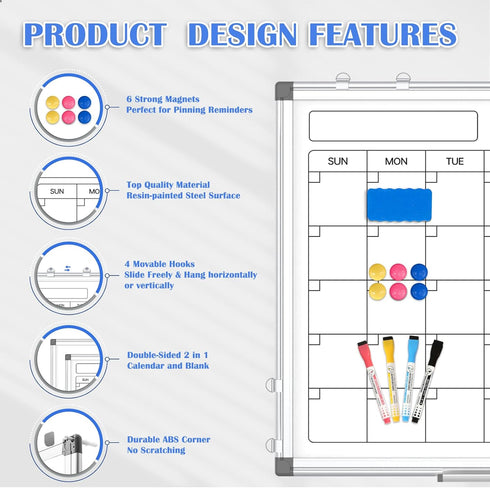 Monthly Calendar Dry Erase Whiteboard, 24" x 18", Magnetic, Double-Sided Portable Board for Office, Kitchen, School