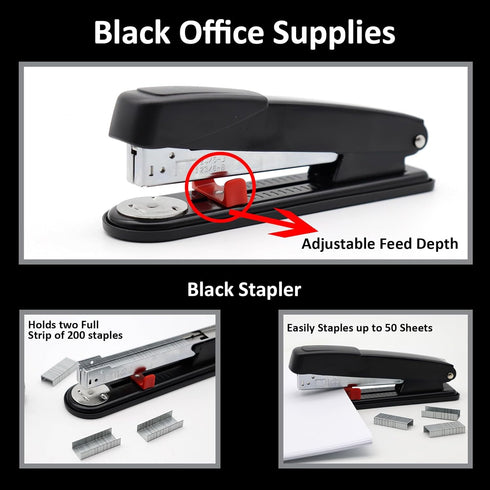 UPIHO Black Desk Accessories, Stapler and Tape Dispenser Set with Large Stapler, Remover, Clips, Scissors