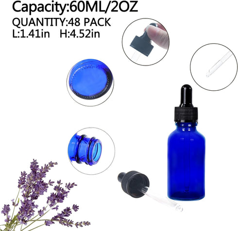 48 Pack Blue Glass Dropper Bottles 2oz, Eye Dropper Bottles for Essential Oils, Perfumes (60ml, Blue)