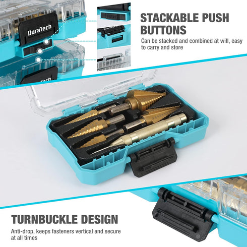 DURATECH 6-Piece Step Drill Bit Set with Automatic Center Punch, 50 Sizes in High Speed Steel, Titanium Coated, Storage