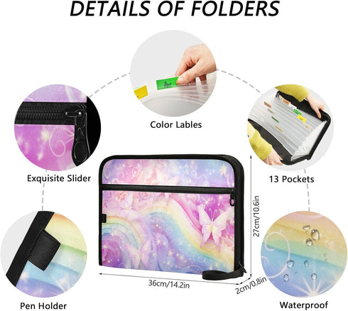 Rainbow Butterflies 13 Pocket Expanding File Folder with Labels, A4 Document Folder, Zipper Closure
