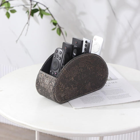 TV Remote Holder - PU Leather Organizer with 5 Compartments for Table, Office Desk for Pen and Stationary, Brown