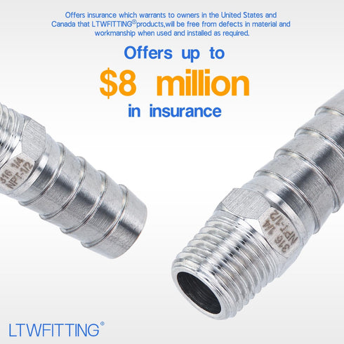 LTWFITTING Stainless Steel 316 Barb Fitting Coupler/Connector, 1/2" Hose ID x 1/4" Male NPT