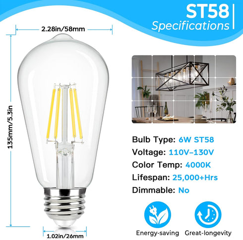 Brightever Vintage LED Edison Bulbs 60 Watt Equivalent, 6W ST58 Super Bright 4000K Neutral Daylight White, Clear Glass Style 700Lumens Antique LED Filament Bulbs, E26 Base, Non-dimmable, 4 Packs by Brightever