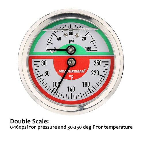 MEASUREMAN Tridicator, Thermo-Manometer, 2-1/2", Silicone Oil Filled, 0-160psi/30-250 deg F, Stainless Steel Case