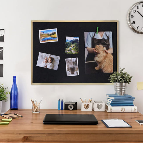 INNOVART Black Cork Bulletin Board, 24" X 18" with 10 Push Pins, Gold Aluminum Frame