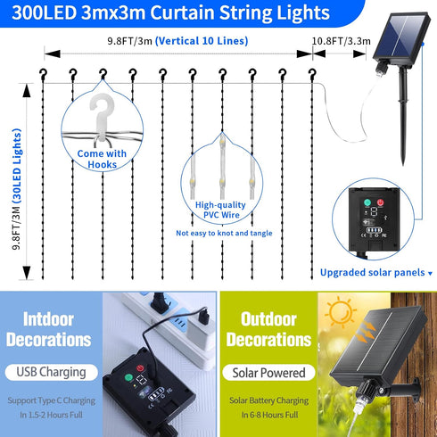 10 10Ft 300LED 8 Dimmable Solar Curtain Lights Outdoor x Waterproof Waterfall Light with Modes Remote USB Rechargeable