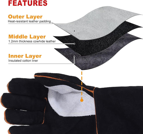 TOPDC 14 Inches Fire/Heat Resistant Leather Welding Gloves for Mig, Tig, Stick, BBQ, Grill, Oven