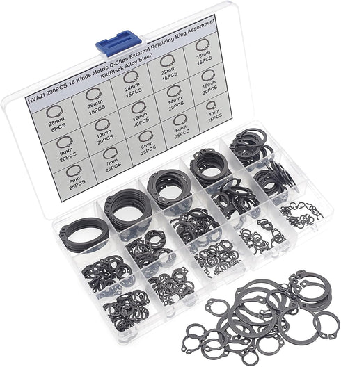 290PCS External Retaining Ring C-Clips Assortment Kit in Black Alloy Steel