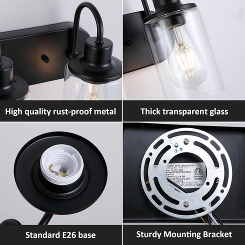 Litaddscen Mirror,2-Light Matte Black Bathroom Light Fixtures Over Bathroom Vanity Light with Clear Glass Shade,Modern