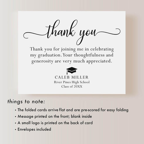 5.5x4.25 Graduation Thank You Cards Personalized with Name, Black and White Thank You Note Cards, Envelopes Included