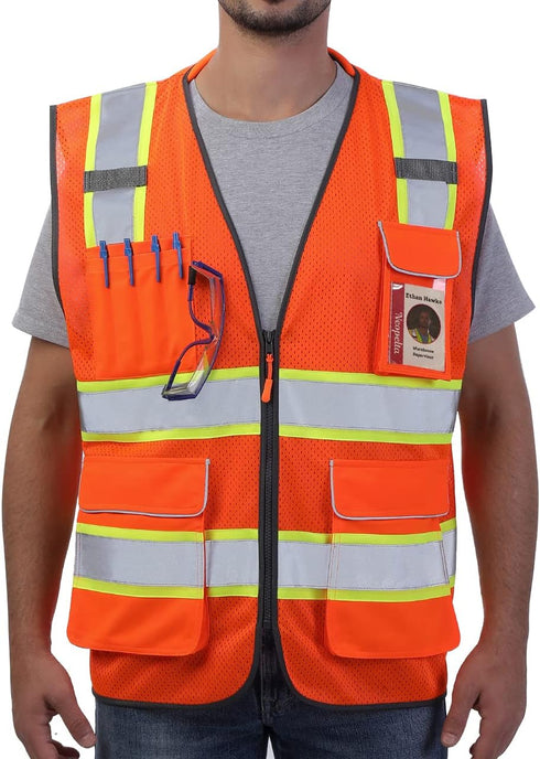 Reflective Safety Vest, Orange Mesh, High Visibility with Pockets and Zipper, Padded Neck, ANSI Class 2, Orange with