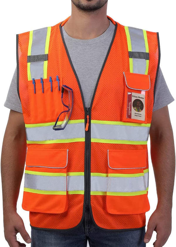Reflective Safety Vest, Orange Mesh, High Visibility with Pockets and Zipper, Padded Neck, ANSI Class 2, Orange with