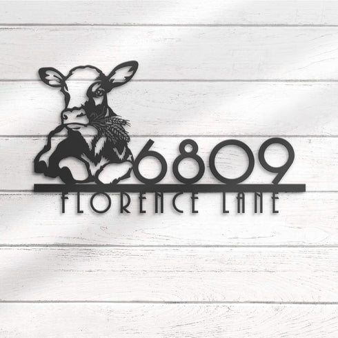 PurePalette Personalized Dairy Cow Farm House Number Sign, Custom Barn Metal Address Plaque