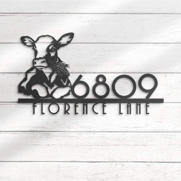 PurePalette Personalized Dairy Cow Farm House Number Sign, Custom Barn Metal Address Plaque