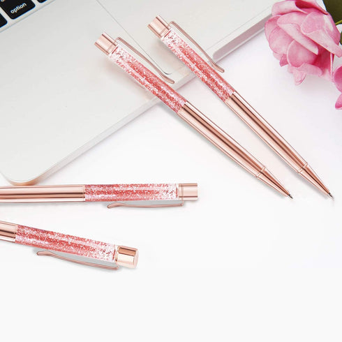 ZZTX 4 Pcs Rose Gold Ballpoint Pens, Cute Bling Dynamic Liquid Sand Pen with Refills, Black Ink Office Supplies