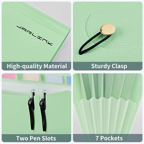 JARLINK 7 Pockets Expanding File Folder - A4 Size Accordion File Folders - Portable Document Organizer - Macaron Green