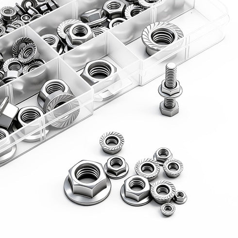 Aienxn 140PCS 7 304 -M3, M4, M5, M6, M8, M10, M12 Metric Sizes Stainless Steel Hex Flange Nuts Assortment Kit