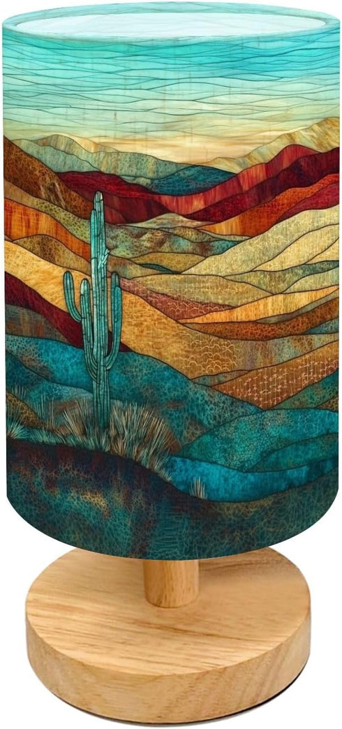 ORENGALLA Table Lamp for Bedroom Western Landscape Stained Glass Cactus Turquoise Modern Beside